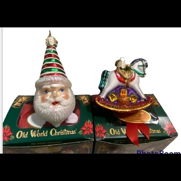 LOT OF 2 OLD WORLD CHRISTMAS TREE ORNAMENTS SANTA & ROCKING HORSE IN BOXES - Picture 2 of 9